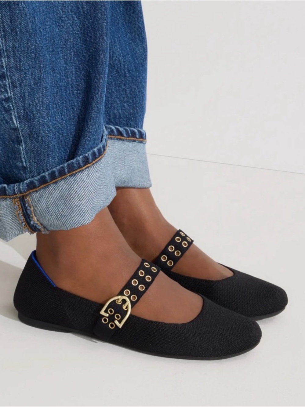 Rothy’s The Ballet Mary Jane Black Flats Sz 10 Gold Hardware Buckle No Insoles